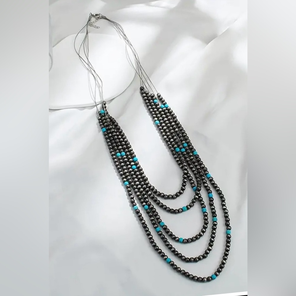 Faux Navajo Pearl Southwest Silver Tone Turquoise Beaded Multi Strand Necklace